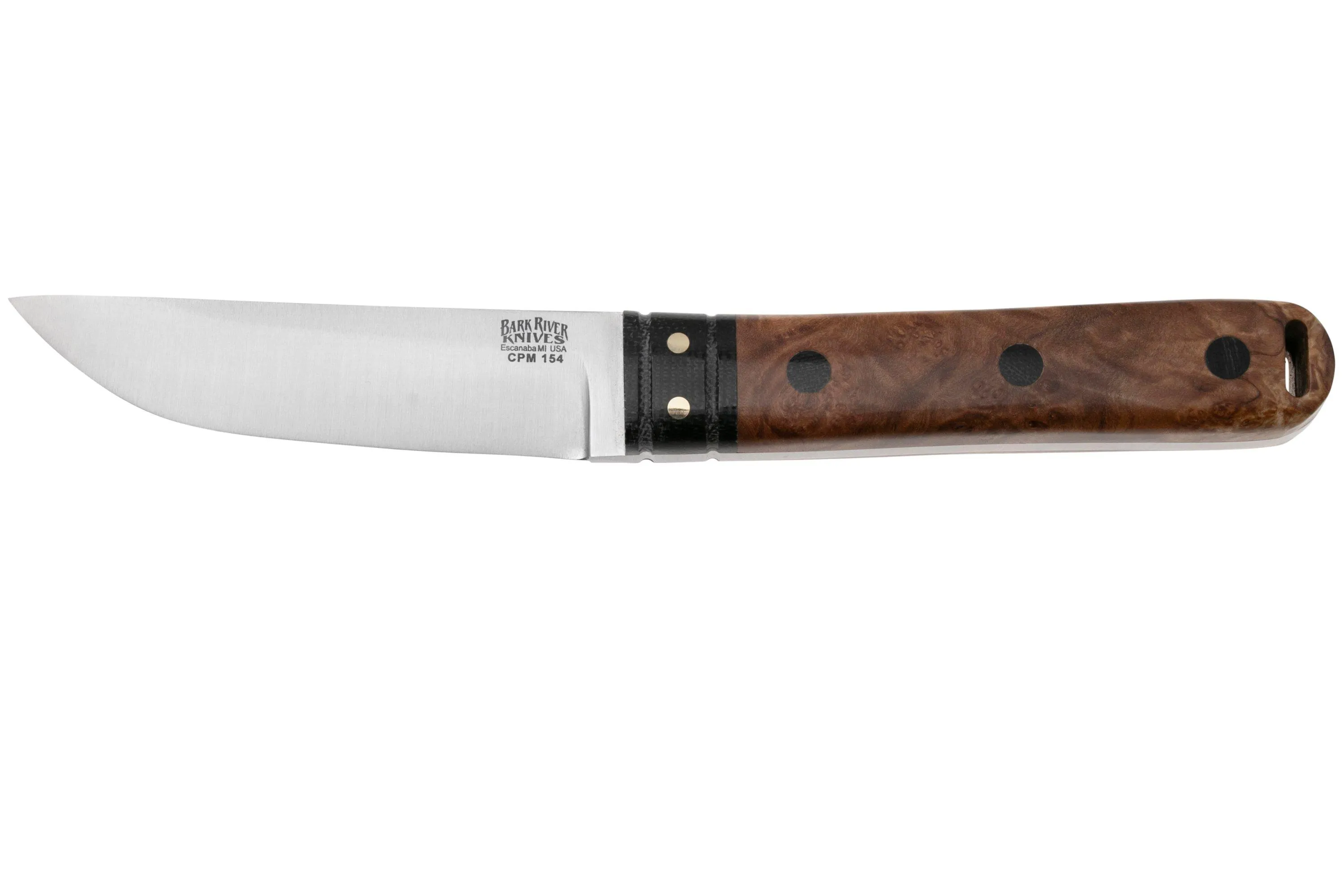 Bark River Kitsuné CPM 154 Natural Maple Burl Black Micarta Bolster and Pins, cuchillo fijo