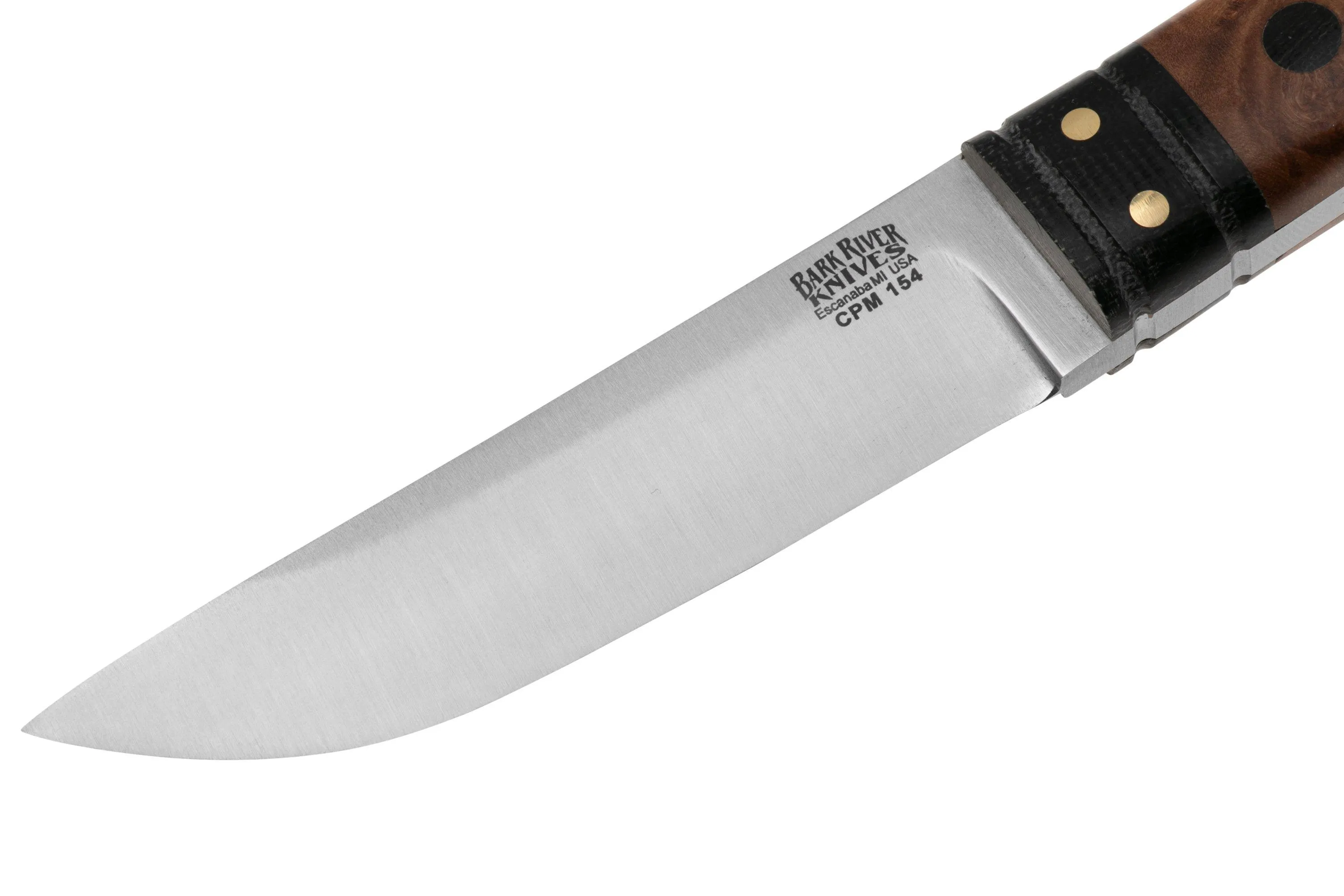Bark River Kitsuné CPM 154 Natural Maple Burl Black Micarta Bolster and Pins, cuchillo fijo