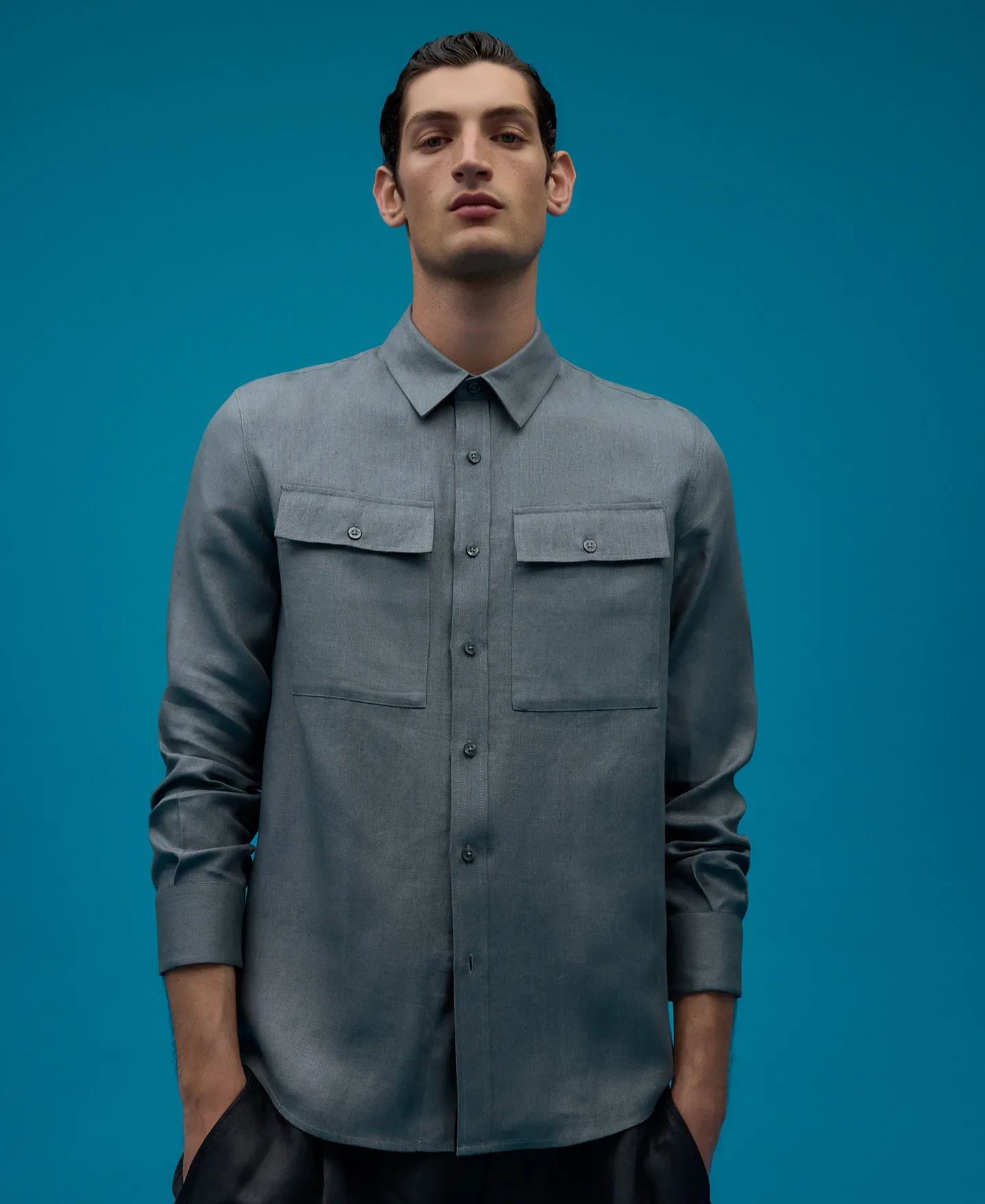 Blue linen shirt man