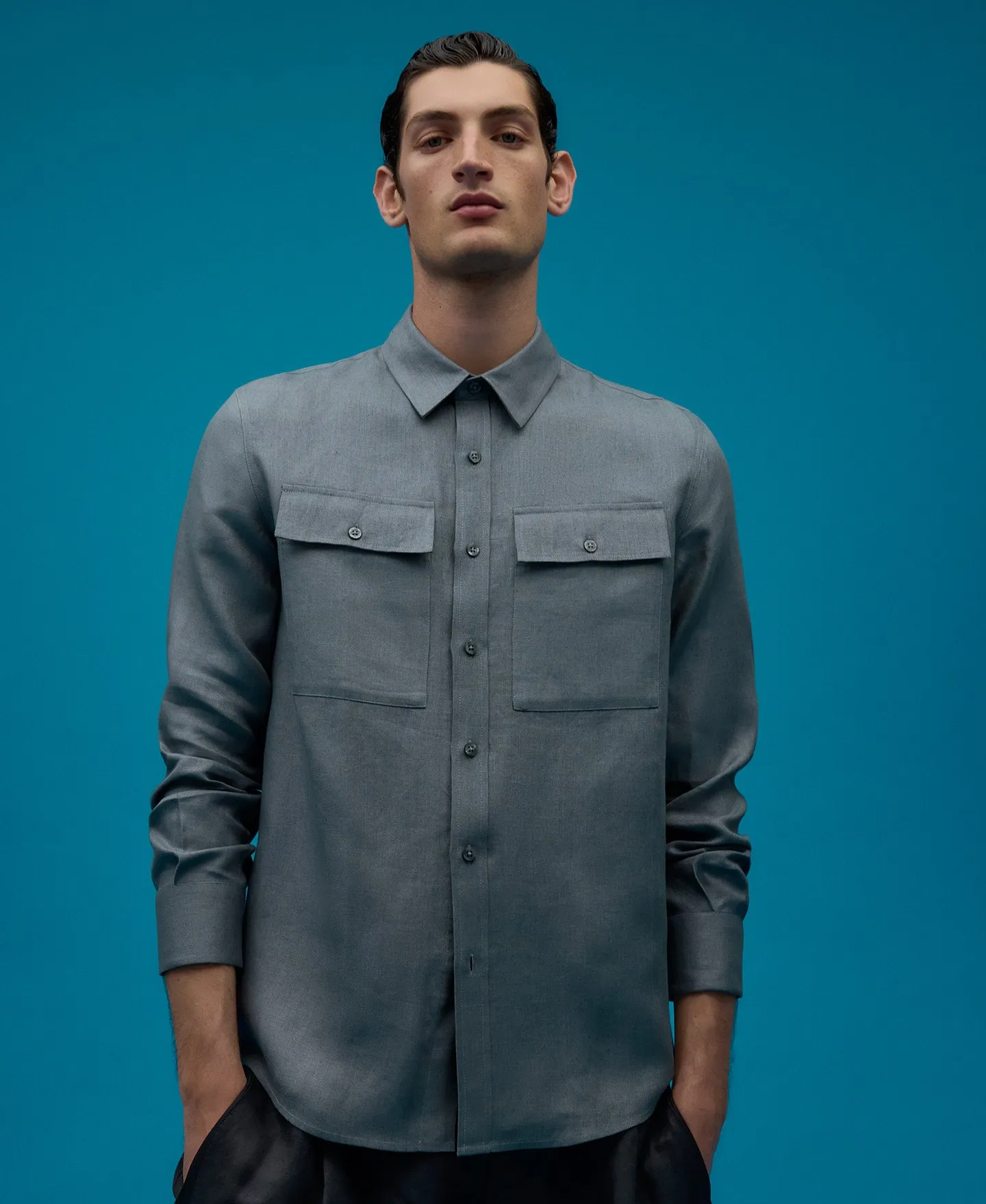 Blue linen shirt man