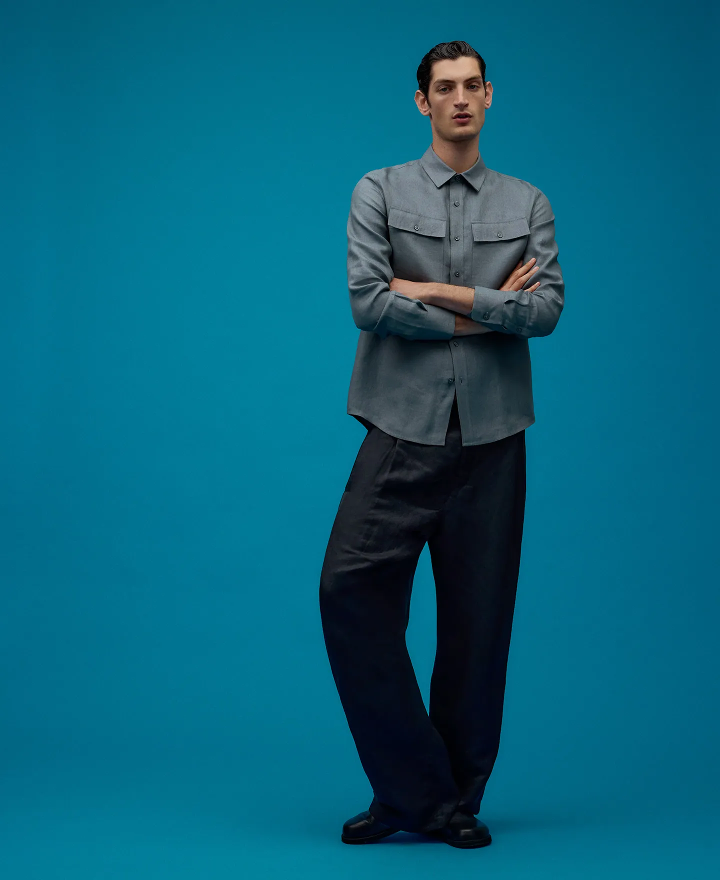 Blue linen shirt man