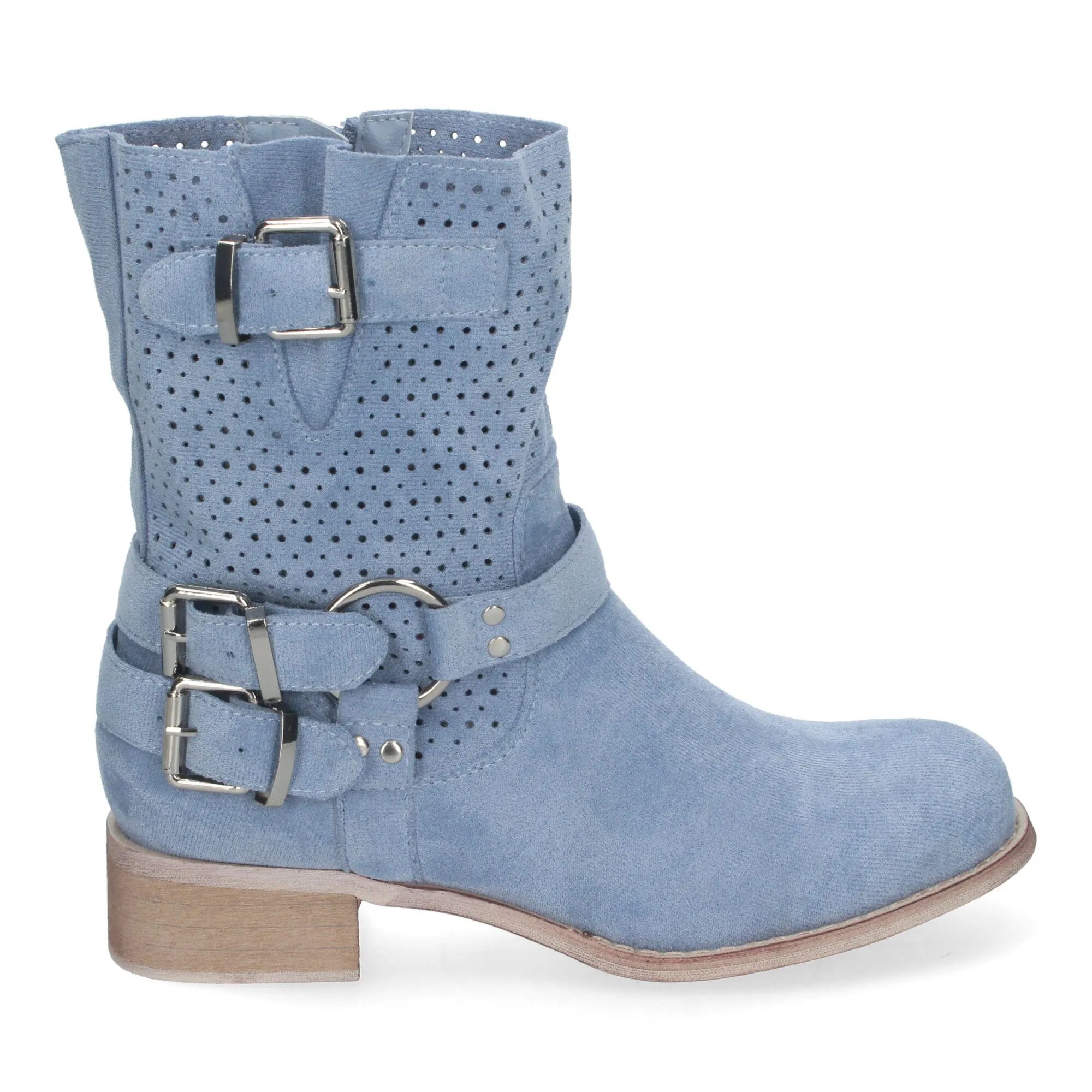 Botines de tacón bajo calados estilo motero mujer color azul L1002