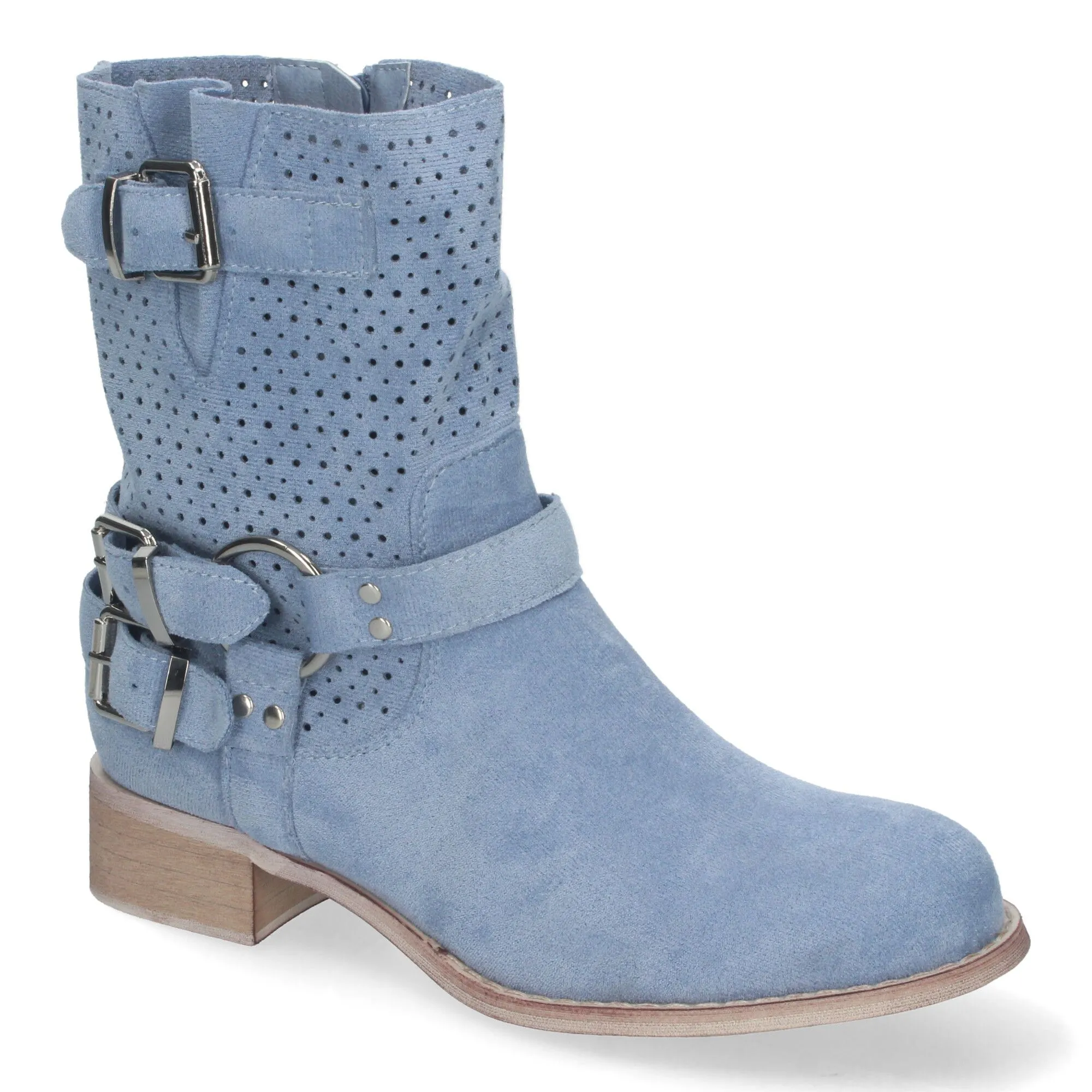 Botines de tacón bajo calados estilo motero mujer color azul L1002