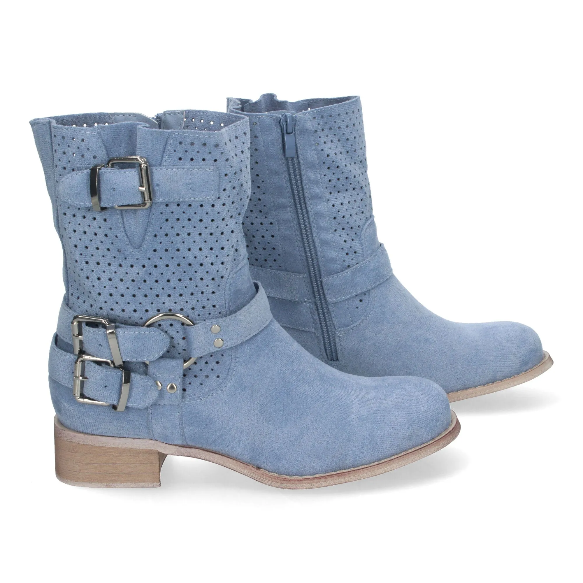 Botines de tacón bajo calados estilo motero mujer color azul L1002