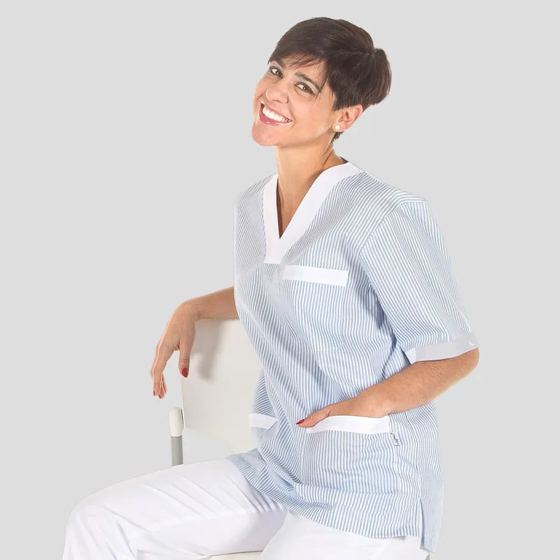 CAMISOLA LIMPIEZA UNISEX CON RAYAS CELESTE COMBINADA  GARY'S
