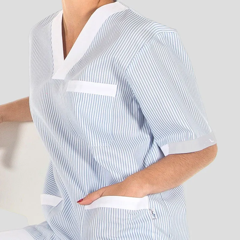 CAMISOLA LIMPIEZA UNISEX CON RAYAS CELESTE COMBINADA  GARY'S