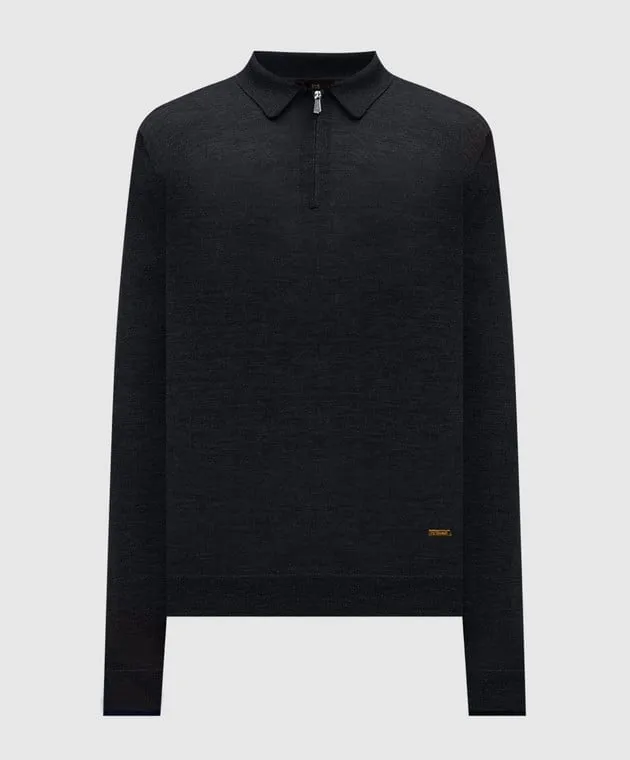 Enrico Mandelli Black wool and silk polo with metallic logo