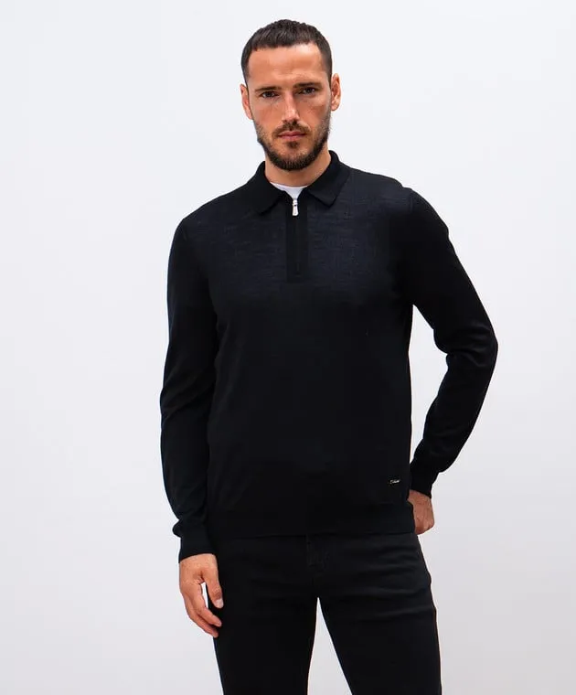 Enrico Mandelli Black wool and silk polo with metallic logo