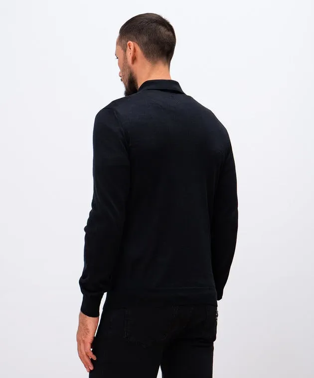 Enrico Mandelli Black wool and silk polo with metallic logo
