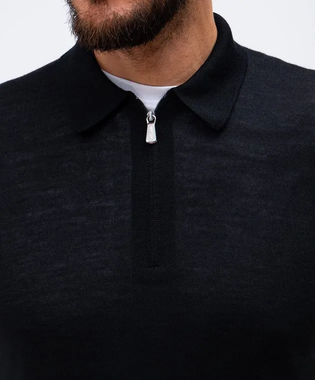 Enrico Mandelli Black wool and silk polo with metallic logo