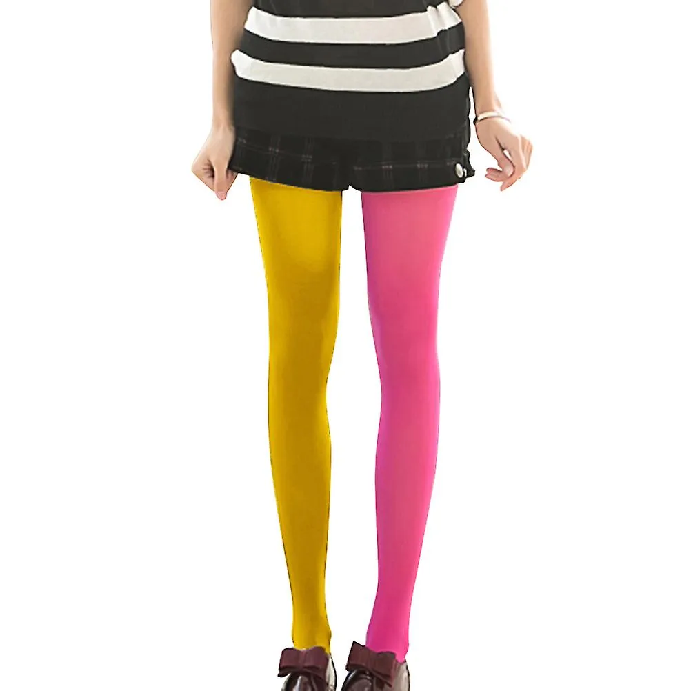 FASHION DOUBLE COLOR AB SPLICE LEFT RIGHT STOCKINGS  FREE SIZE (ROSE RED AND BRIGHT YELLOW)