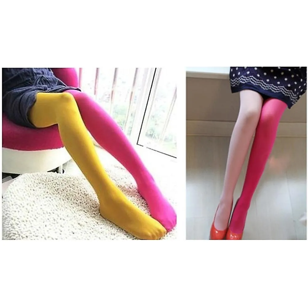 FASHION DOUBLE COLOR AB SPLICE LEFT RIGHT STOCKINGS  FREE SIZE (ROSE RED AND BRIGHT YELLOW)