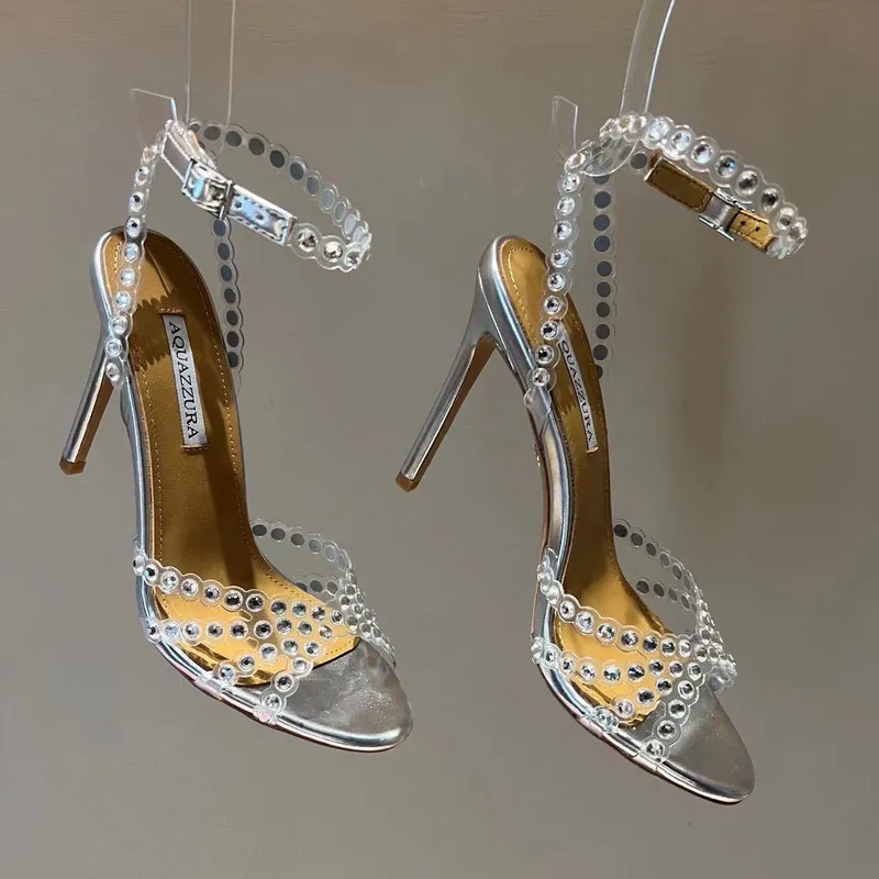 Nueva temporada Aquazzura Zapatos Tequila Sandalias Diseñador Lujo 100% cuero real 105 Sparkling Party Italia Clear Pvc Cristale