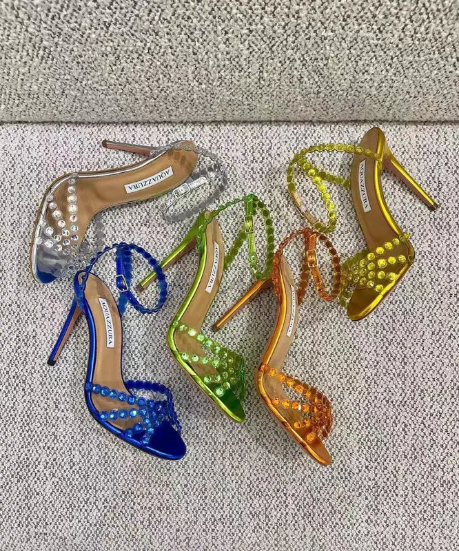 Nueva temporada Aquazzura Zapatos Tequila Sandalias Diseñador Lujo 100% cuero real 105 Sparkling Party Italia Clear Pvc Cristale