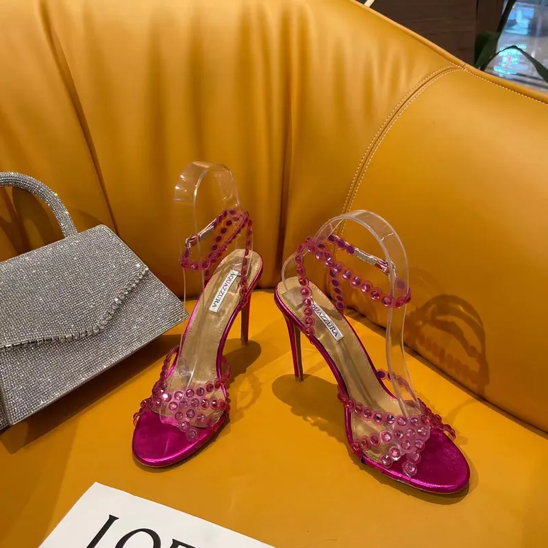 Nueva temporada Aquazzura Zapatos Tequila Sandalias Diseñador Lujo 100% cuero real 105 Sparkling Party Italia Clear Pvc Cristale