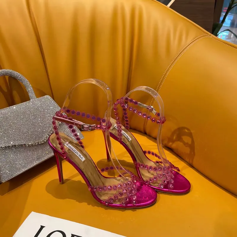 Nueva temporada Aquazzura Zapatos Tequila Sandalias Diseñador Lujo 100% cuero real 105 Sparkling Party Italia Clear Pvc Cristale