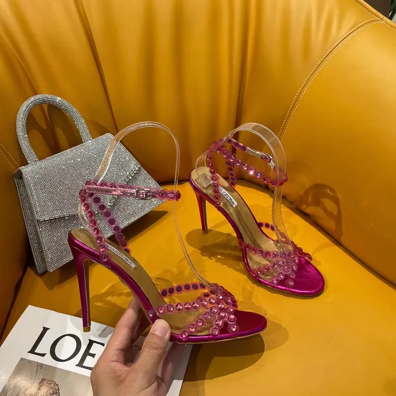 Nueva temporada Aquazzura Zapatos Tequila Sandalias Diseñador Lujo 100% cuero real 105 Sparkling Party Italia Clear Pvc Cristale