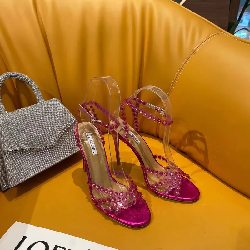 Nueva temporada Aquazzura Zapatos Tequila Sandalias Diseñador Lujo 100% cuero real 105 Sparkling Party Italia Clear Pvc Cristale