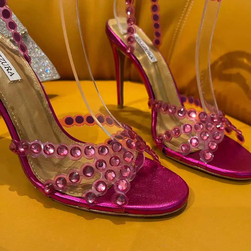 Nueva temporada Aquazzura Zapatos Tequila Sandalias Diseñador Lujo 100% cuero real 105 Sparkling Party Italia Clear Pvc Cristale