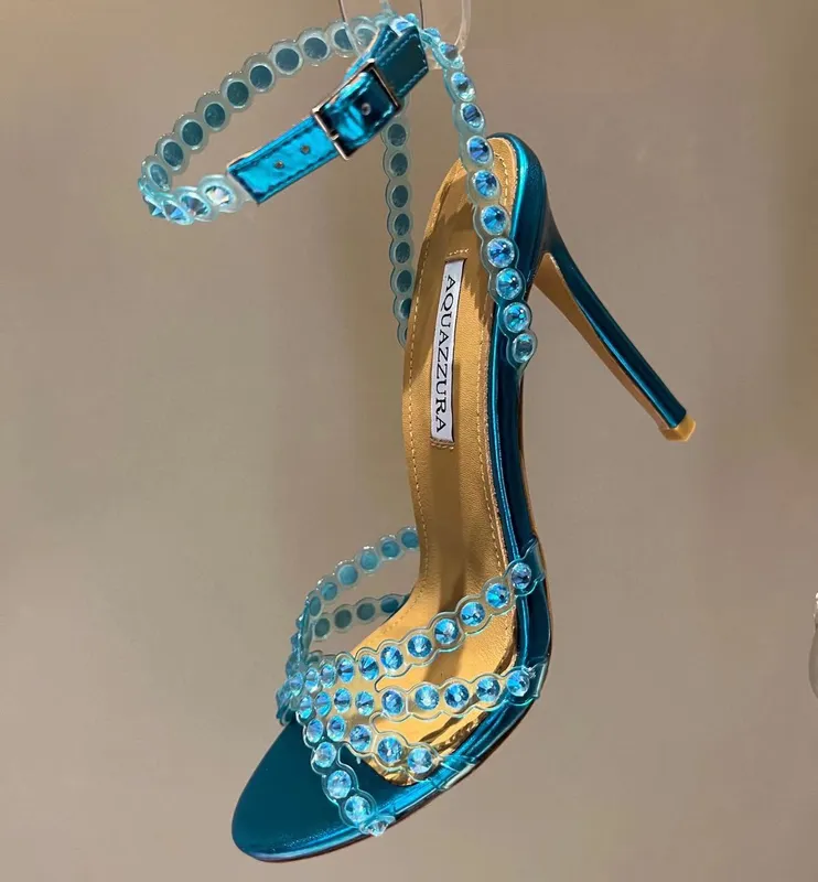 Nueva temporada Aquazzura Zapatos Tequila Sandalias Diseñador Lujo 100% cuero real 105 Sparkling Party Italia Clear Pvc Cristale