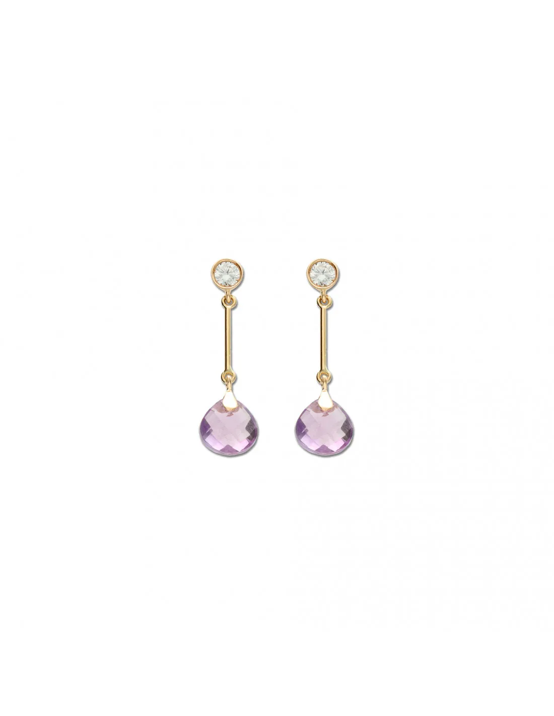 Pendientes Oro Amarillo, Circonita Y Amatista