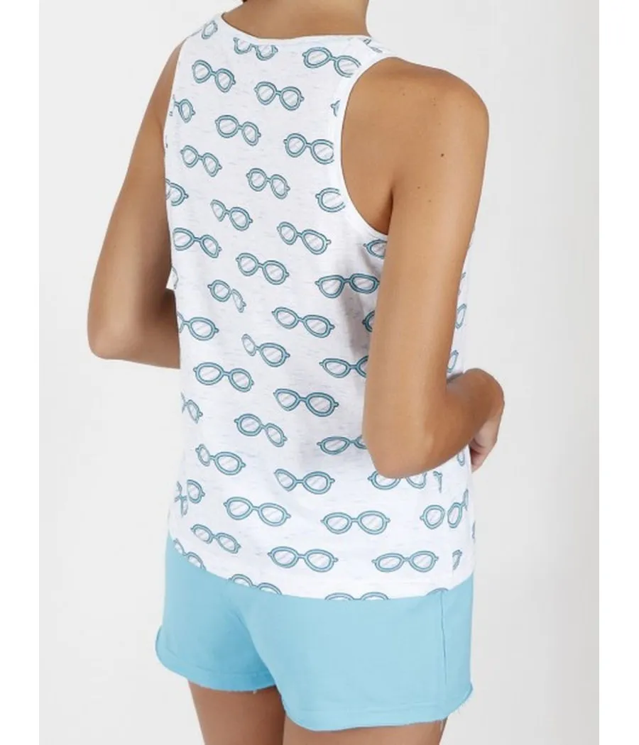 Pijama Familiar verano mujer Admas sin mangas Sunglasses azul algodón