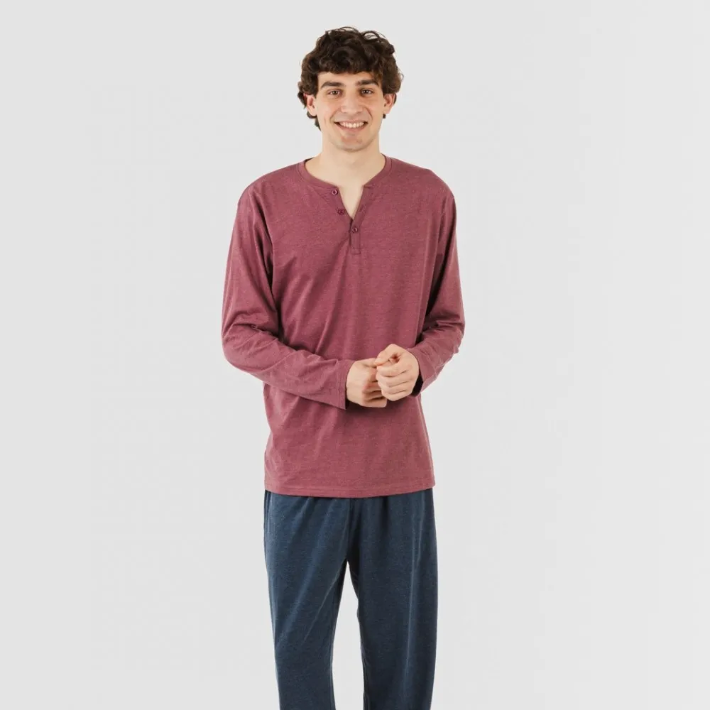 PIJAMA LARGO HOMBRE CON BOTONES BURDEOS  MARINO