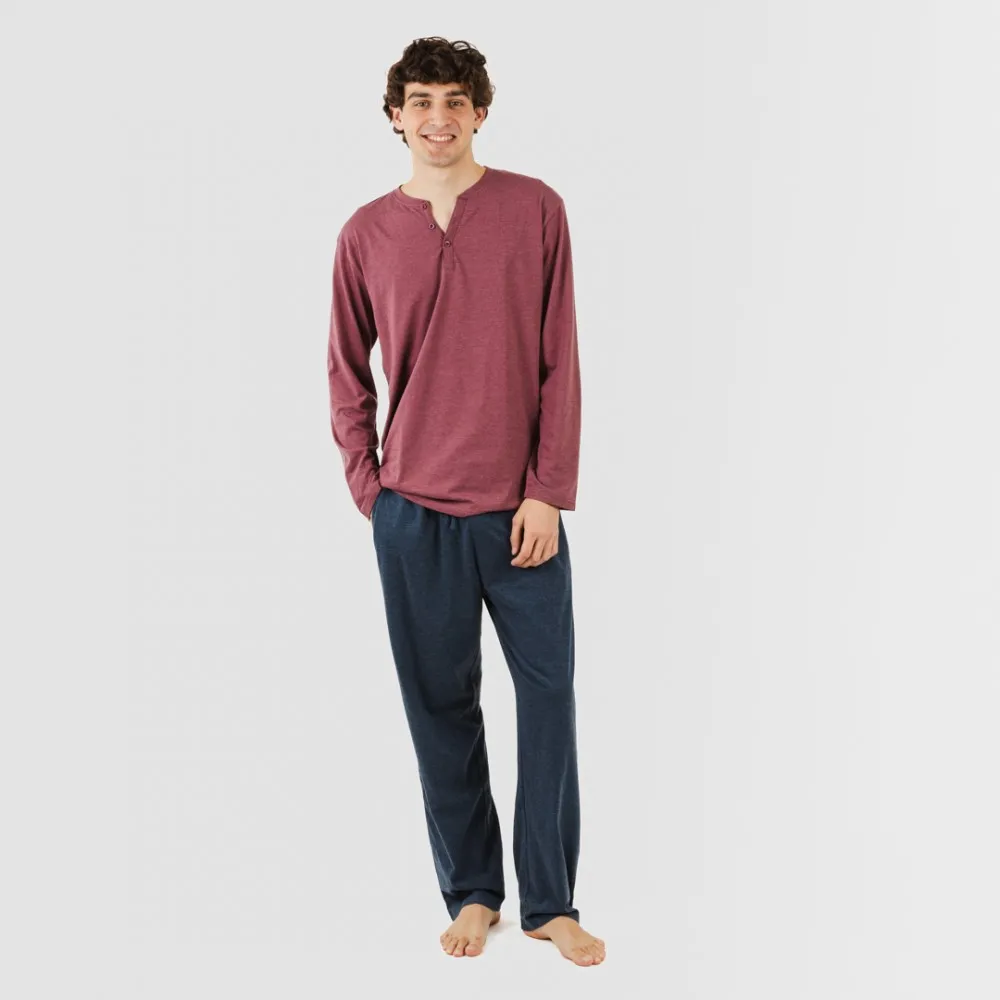 PIJAMA LARGO HOMBRE CON BOTONES BURDEOS  MARINO