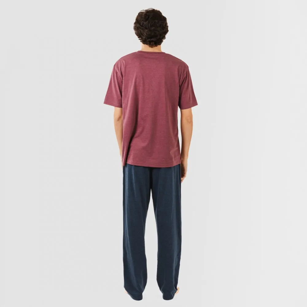 PIJAMA LARGO HOMBRE DE MANGA CORTA CON BOTóN BURDEOS  MARINO