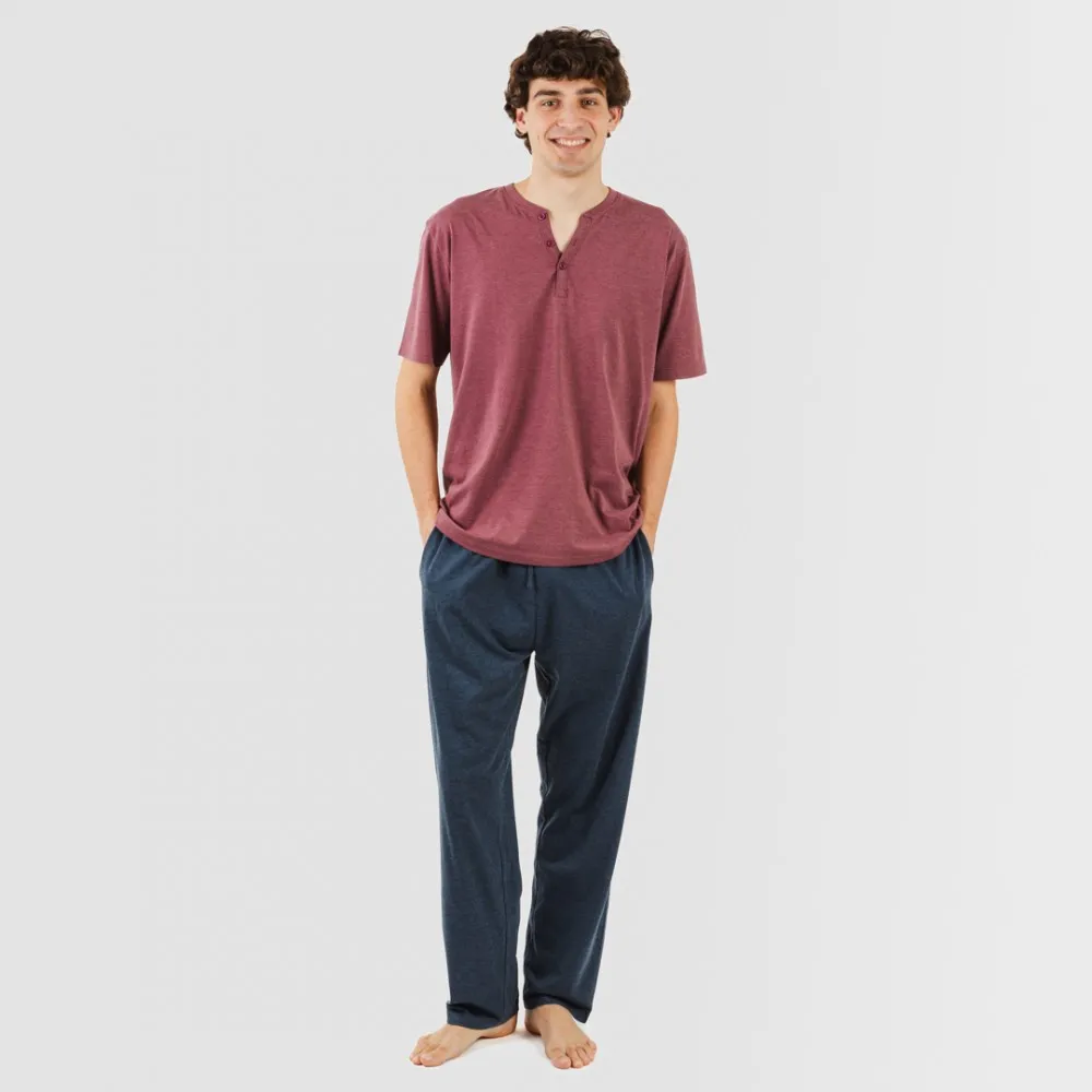 PIJAMA LARGO HOMBRE DE MANGA CORTA CON BOTóN BURDEOS  MARINO