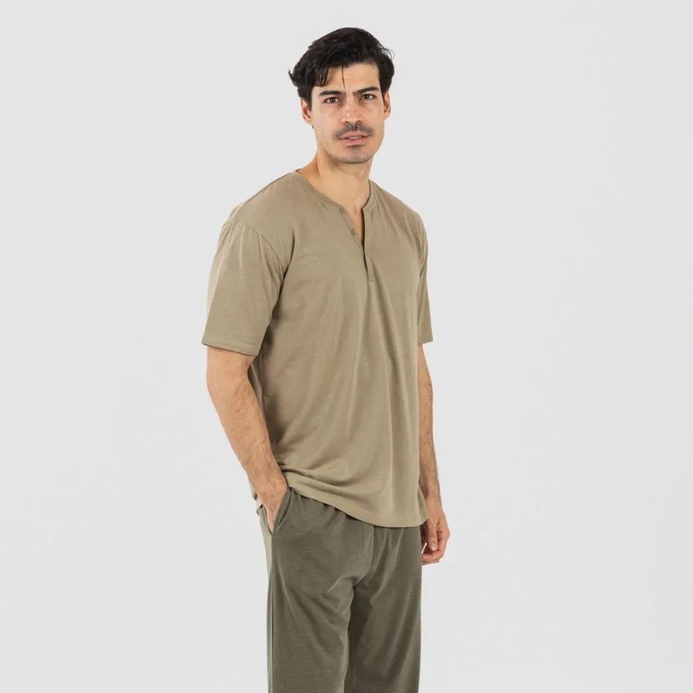 PIJAMA LARGO HOMBRE DE MANGA CORTA CON BOTóN VERDE CACERíA  VERDE OSCURO