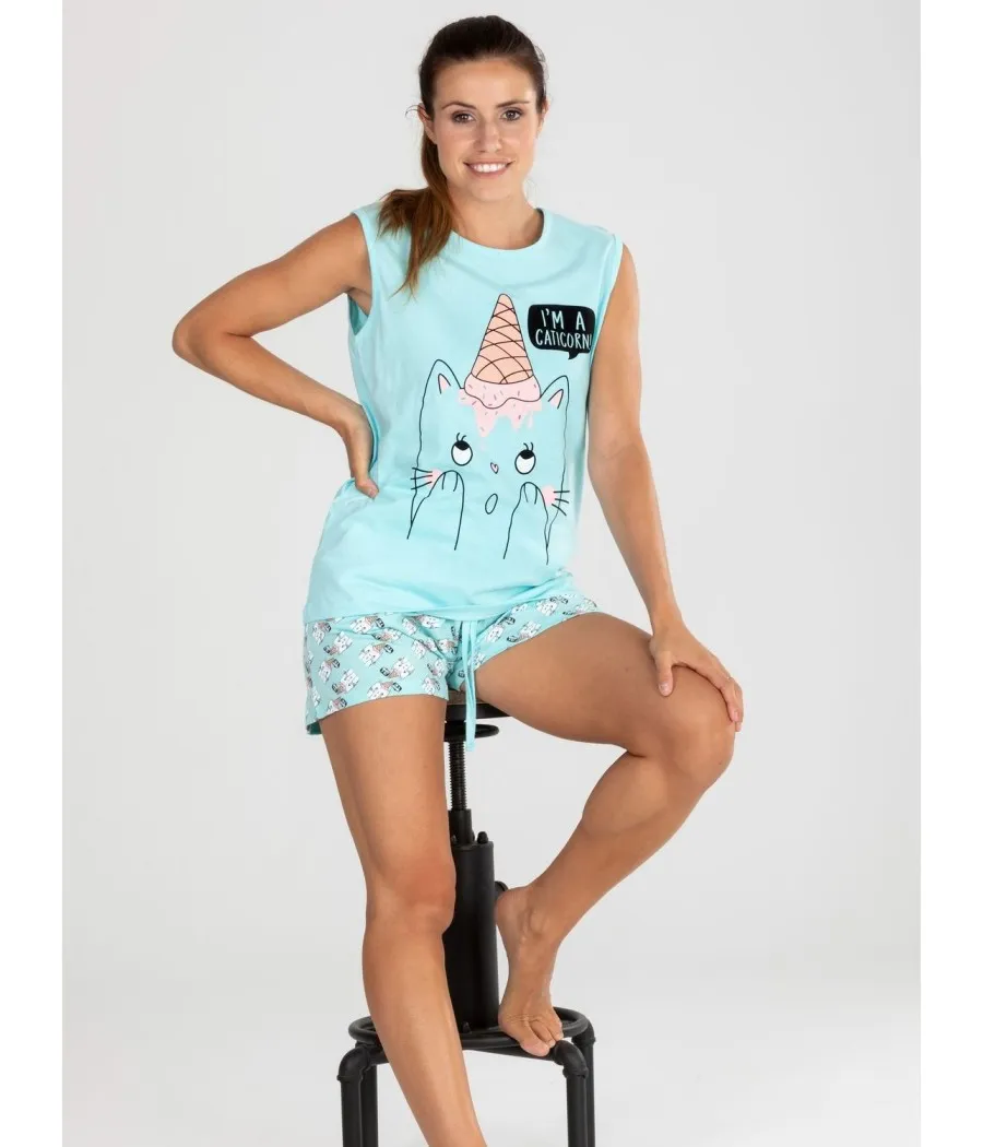 Pijama verano mujer Pettrus hombrera turquesa algodón