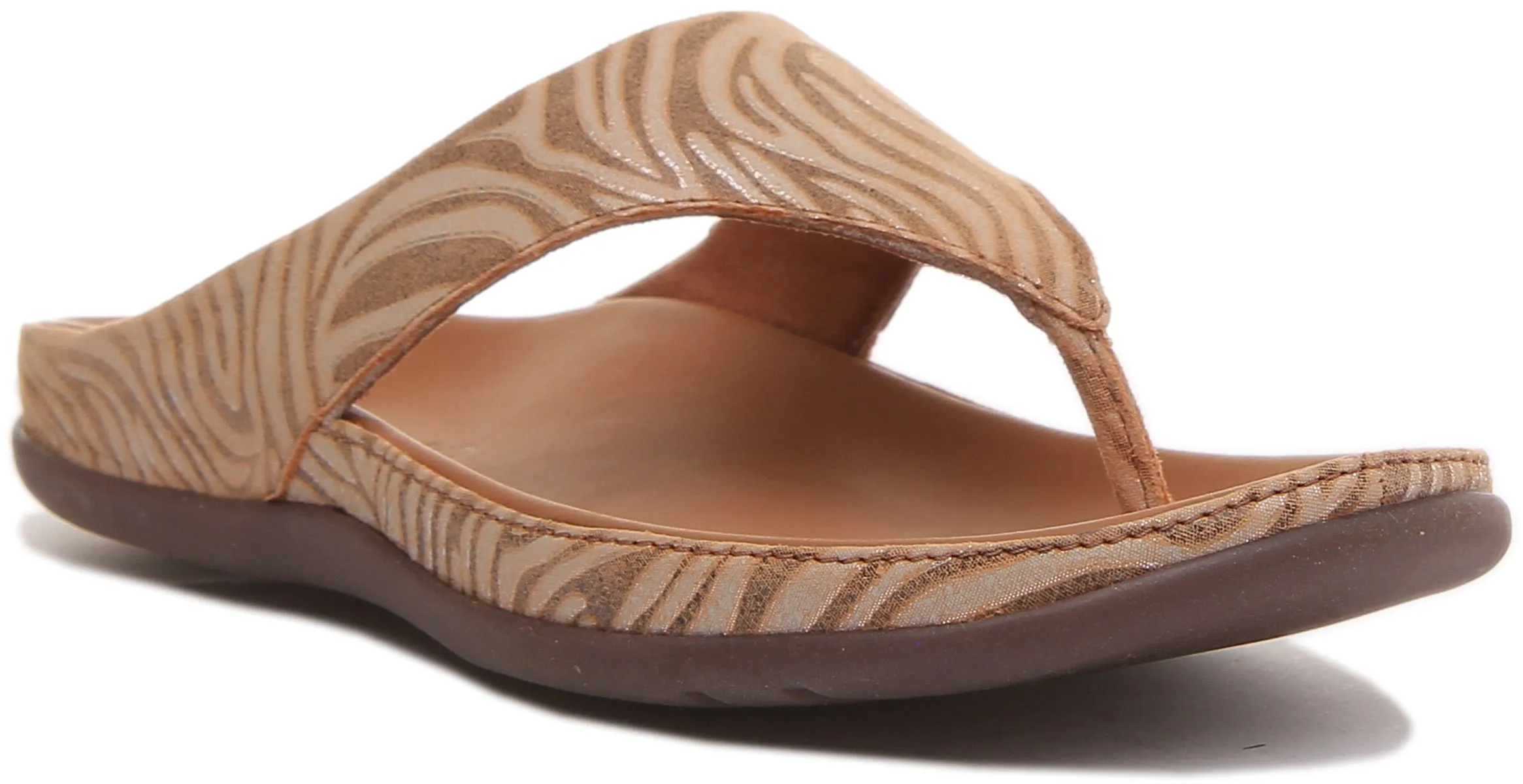 Strive Maui Sandalia de piel con estampado de cebra para mujer en bronceado