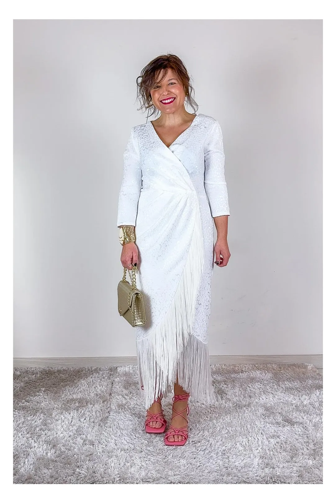 VESTIDO CRUZADO FLECOS BLANCO