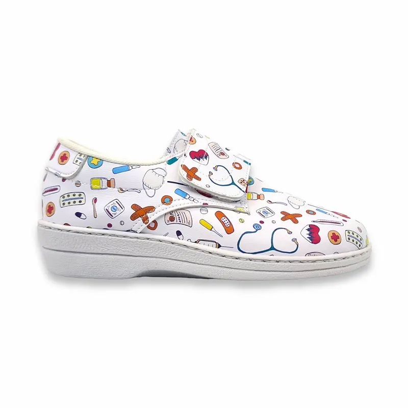 Zuecos Sanitarios Cerrados Mujer Piel Dibujos Sanitarios Velcro 9790 Blanco, de Percla