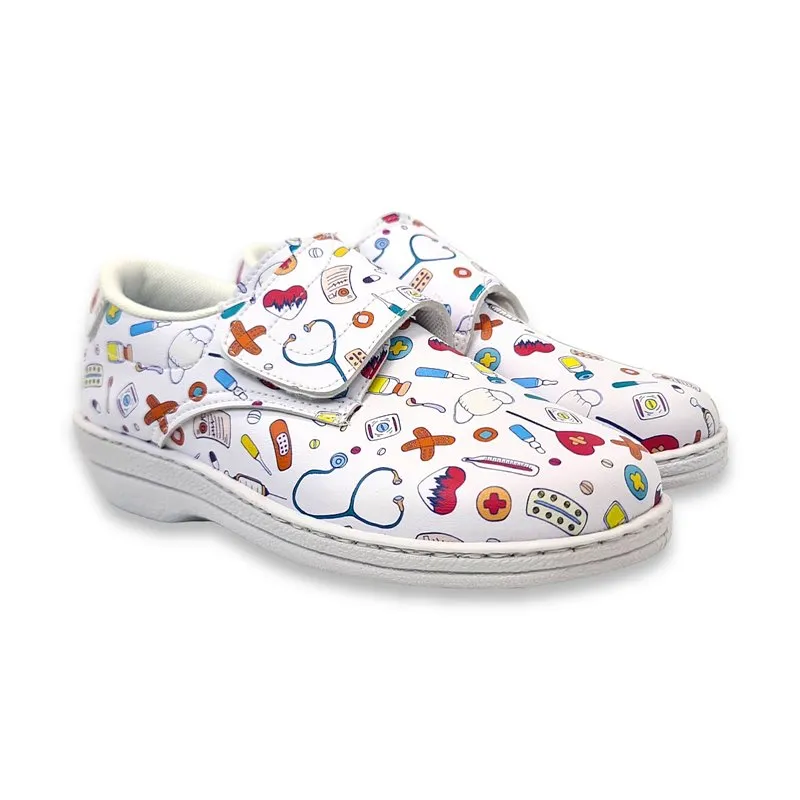 Zuecos Sanitarios Cerrados Mujer Piel Dibujos Sanitarios Velcro 9790 Blanco, de Percla