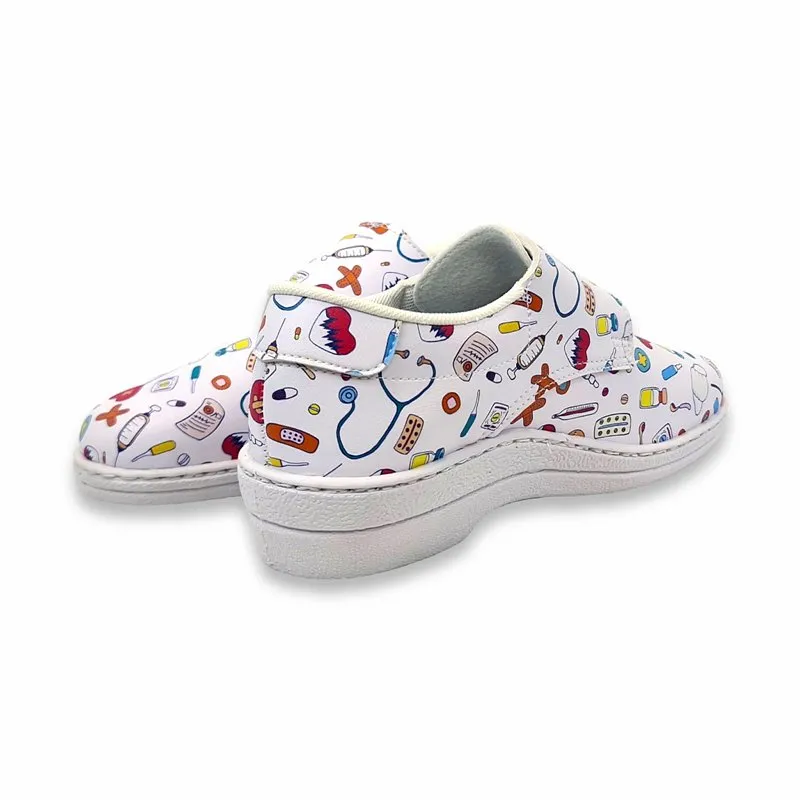 Zuecos Sanitarios Cerrados Mujer Piel Dibujos Sanitarios Velcro 9790 Blanco, de Percla