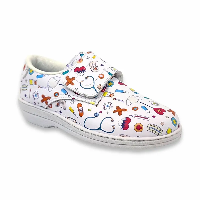 Zuecos Sanitarios Cerrados Mujer Piel Dibujos Sanitarios Velcro 9790 Blanco, de Percla