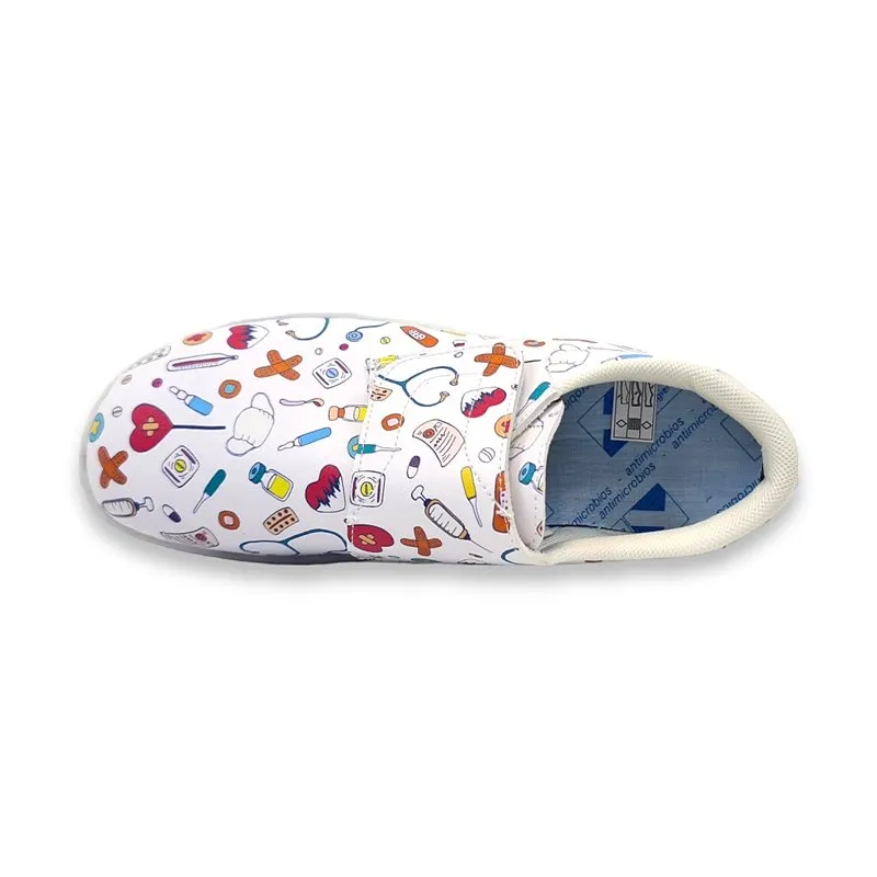 Zuecos Sanitarios Cerrados Mujer Piel Dibujos Sanitarios Velcro 9790 Blanco, de Percla